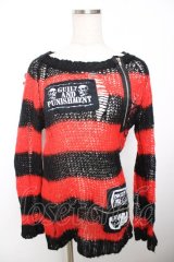 SEX POT ReVeNGe / ZIPデザインボーダーダメージニット M 黒×赤 Y-25-12-04-061-SP-TO-SZ-ZS