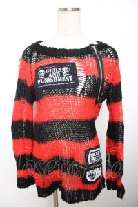 SEX POT ReVeNGe / ZIPデザインボーダーダメージニット M 黒×赤 Y-25-12-04-061-SP-TO-SZ-ZS