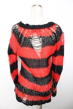 画像2: SEX POT ReVeNGe / ZIPデザインボーダーダメージニット M 黒×赤 Y-25-12-04-061-SP-TO-SZ-ZY