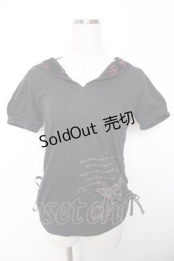 画像1: h.Jelly HONEY / サイドギャザーフードカットソー  黒 Y-25-12-04-080-HN-TO-SZ-ZY