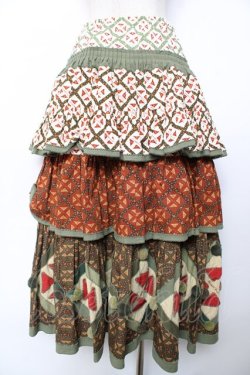 画像2: WONDERFUL WORLD / モチーフ付きパッチワークティアードスカート  グリーン系 Y-25-12-08-094-LO-SK-SZ-ZY