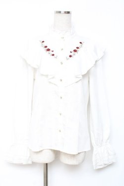 画像1: axes femme / ローズ刺繍フリルブラウス M 白 Y-25-12-10-029-AX-BL-SZ-ZY
