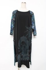 Qutie Frash / 龍ptロングカットソー  黒×ブルーグリーン Y-25-12-10-048-QU-TO-SZ-ZY