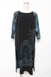 Qutie Frash / 龍ptロングカットソー  黒×ブルーグリーン Y-25-12-10-048-QU-TO-SZ-ZY
