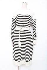 axes femme / 肩ボタンデザインボーダースリットワンピース M 白×黒 Y-25-12-10-054-AX-OP-SZ-ZY