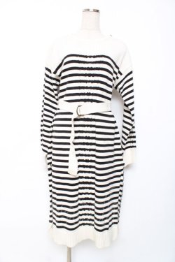 画像1: axes femme / 肩ボタンデザインボーダースリットワンピース M 白×黒 Y-25-12-10-054-AX-OP-SZ-ZY