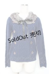 axes femme / トランプアイコン刺繍ファーカラーニット M 紺 Y-25-12-11-016-AX-TO-SZ-ZY