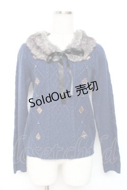 画像1: axes femme / トランプアイコン刺繍ファーカラーニット M 紺 Y-25-12-11-016-AX-TO-SZ-ZY