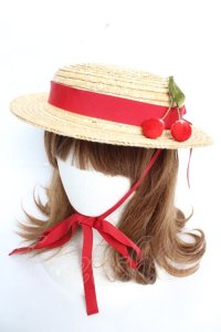 PINK HOUSE / さくらんぼコサージュ付き麦わら帽子  赤 Y-25-12-12-094-LO-AC-SZ-ZY