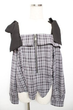 画像1: axes femme / チェックオフショルリボンプルオーバー F 黒 Y-25-12-17-073-AX-TO-SZ-ZY