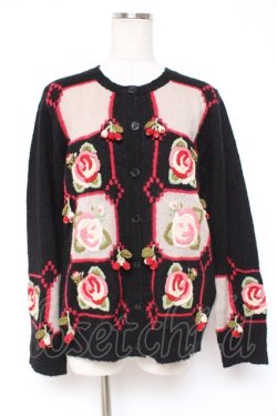 画像1: PINK HOUSE / ローズモチーフパッチワーク風カーディガン F 黒 Y-25-12-20-052-LO-TO-SZ-ZY