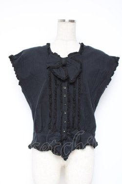 画像1: PINK HOUSE / リボン付きフリルノースリブラウス F 黒 Y-25-12-20-012-LO-BL-SZ-ZY