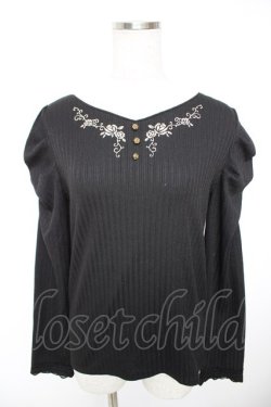 画像1: axes femme / 刺繍入マトンスリーブリブプルオーバー  黒 Y-25-12-23-057-AX-TS-SZ-ZY