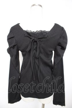 画像2: axes femme / 刺繍入マトンスリーブリブプルオーバー  黒 Y-25-12-23-057-AX-TS-SZ-ZY