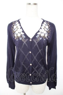 画像1: axes femme / 花刺繍ダイヤ編みニットカーディガン M 紺 Y-25-12-23-032-AX-TO-SZ-ZY