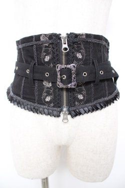 画像1: Ozz Croce / ベルトデザイン薔薇刺繍ショートコルセット  黒 Y-25-12-25-160-OO-TO-SZ-ZY