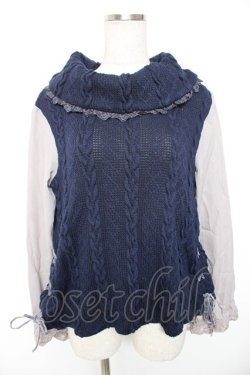 画像1: axes femme / サイド編み上げニットトップス M 紺 Y-26-01-01-063-AX-TO-SZ-ZY