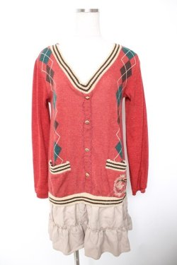 画像1: axes femme / アーガイル柄カーデ風ワピース M エンジ Y-26-01-01-067-AX-OP-SZ-ZY