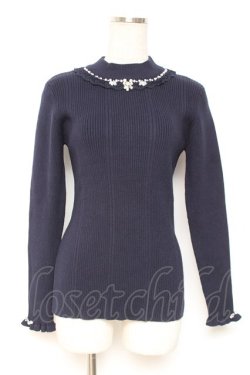 画像1: axes femme / ビジューボトルネックリブプルオーバー M 紺 Y-26-01-05-050-AX-TO-SZ-ZY