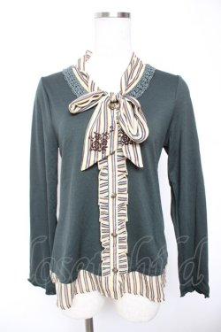 画像1: axes femme / ストライプレイヤード風トップス M グリーン Y-26-01-07-043-AX-TO-SZ-ZY