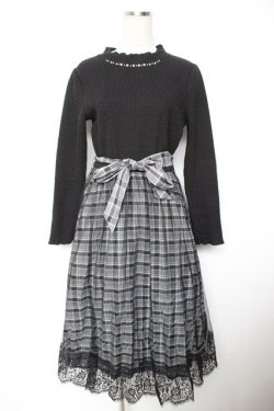 画像1: axes femme / チェック切替ドッキングワンピース M 黒 Y-26-01-07-105-AX-OP-SZ-ZY