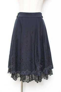 画像1: axes femme / リボン付パネル刺繍スカート M 紺 Y-26-01-09-135-AX-SK-SZ-ZY