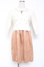 画像1: axes femme / ビジュー付きフェザーニット切替ワンピース M 白×キャメル Y-26-01-12-123-AX-OP-SZ-ZT067 (1)