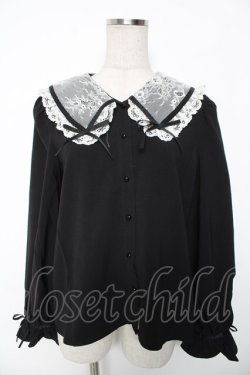 画像1: Rojita / リボン付き配色レース衿長袖ブラウス Ｍ 黒 Y-26-01-16-102-LO-BL-SZ-ZY