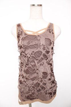 画像1: Ozz Croce / プリント入り異素材切替ノースリーブトップス  ブラウン Y-26-01-16-129-OO-TO-SZ-ZY