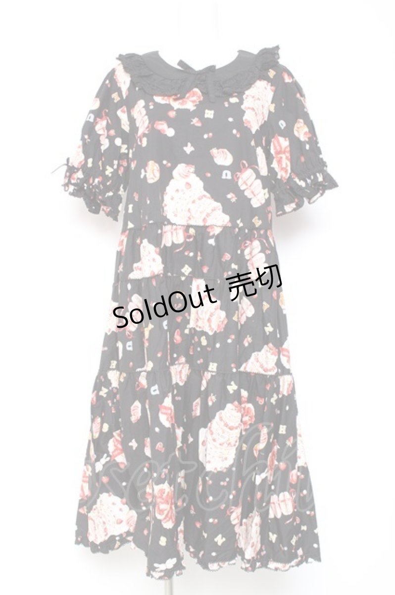 画像1: PINK HOUSE / アニバーサリーケーキプリントミディワンピース  黒 Y-26-01-27-018-LO-OP-SZ-ZY (1)