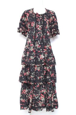 画像1: PINK HOUSE / いちごブーケフリルワンピース F 黒 Y-26-01-27-025-LO-OP-SZ-ZY