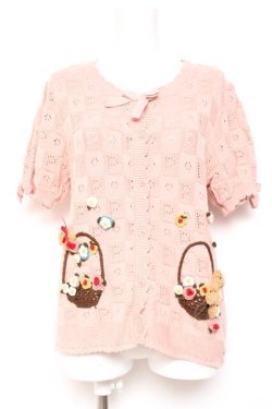 画像1: PINK HOUSE / フラワーバスケットテディモチーフ付きカーディガン  ピンク Y-26-01-27-034-LO-TO-SZ-ZY