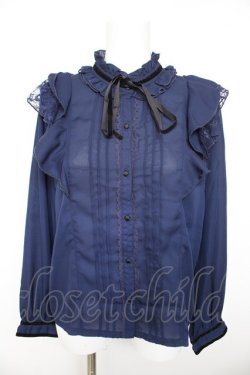 画像1: axes femme / ベロアリボン付フリルブラウス  ネイビー Y-26-01-28-086-AX-BL-SZ-ZY