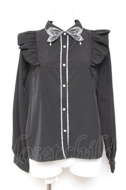 画像1: axes femme POETIQUE / バタフライ刺繍襟ブラウス M 黒 Y-26-01-31-047-AX-BL-SZ-ZY