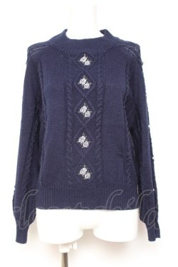 画像1: axes femme / 花刺繍ボトルネックニットプルオーバー M 紺 Y-26-01-31-060-AX-TO-SZ-ZY