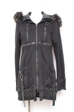 画像1: SEX POT ReVeNGe / レザーベルトデザインファーフードパーカー M 黒 Y-26-01-31-097-SP-TO-SZ-ZY