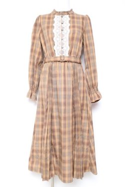 画像1: axes femme / プリーツ切替チェック柄ワンピース M 茶 Y-26-01-31-115-AX-OP-SZ-ZY