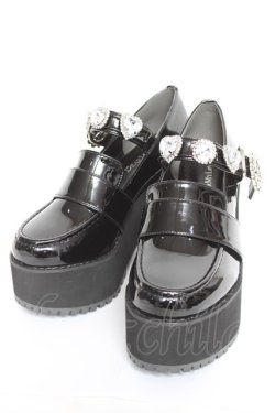 画像1: DearMyLove / キラキラビジューリボン厚底ローファー 22.5cm 黒 Y-26-02-04-062-EL-SH-SZ-ZY