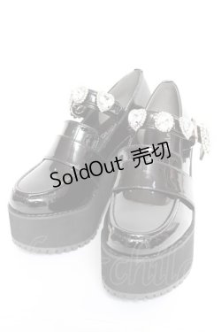 画像1: DearMyLove / キラキラビジューリボン厚底ローファー 22.5cm 黒 Y-26-02-04-062-EL-SH-SZ-ZY