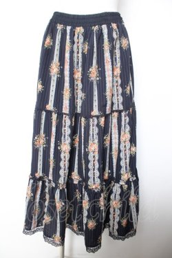 画像1: axes femme / ストライプ花柄ロングスカート M 紺 Y-26-02-05-098-AX-SK-SZ-ZY