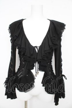 画像1: Ozz On / レースアップ異素材フリルカーディガン  黒 Y-26-02-09-108-OO-TO-SZ-ZY