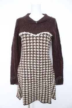 画像1: axes femme / ビスチェ切替千鳥柄ニットワンピース  茶 Y-26-02-11-075-AX-OP-SZ-ZY