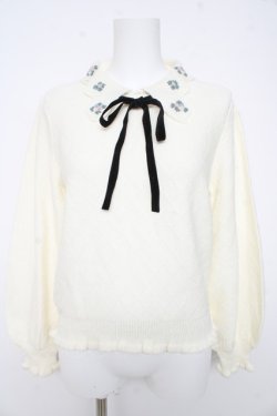 画像1: axes femme POETIQUE / フラワー刺繍襟ニットプルオーバー M 生成り Y-26-02-11-035-AX-TO-SZ-ZY