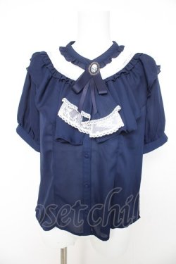 画像1: axes femme / ジャボ付きレース×フリルブラウス M 紺 Y-26-02-15-099-AX-BL-SZ-ZY