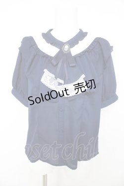 画像1: axes femme / ジャボ付きレース×フリルブラウス M 紺 Y-26-02-15-099-AX-BL-SZ-ZY