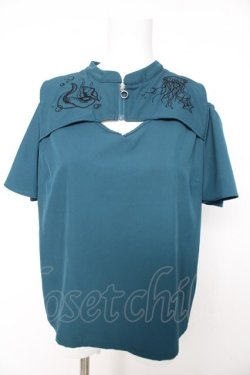 画像1: axes femme POETIQUE / ダークマリン肩開き刺繍ブラウス M グリーン Y-26-02-15-138-AX-BL-SZ-ZY