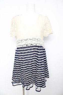 画像1: axes femme / ボーダー柄Ａラインチュニック M 紺 Y-26-02-15-167-AX-TO-SZ-ZY