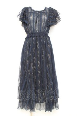 画像1: axes femme / 花ストライプ柄チュールワンピース M 紺 Y-26-02-17-089-AX-OP-SZ-ZY