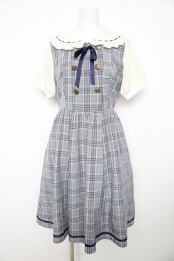 画像1: axes femme POETIQUE / ダブルボタンチェック半袖ワンピース M サックス Y-26-02-17-129-AX-OP-SZ-ZY