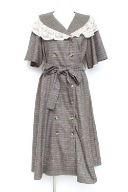 画像1: axes femme NOSTALGIE / W釦レース襟チェック柄ワンピース F 茶 Y-26-02-19-148-AX-OP-SZ-ZY